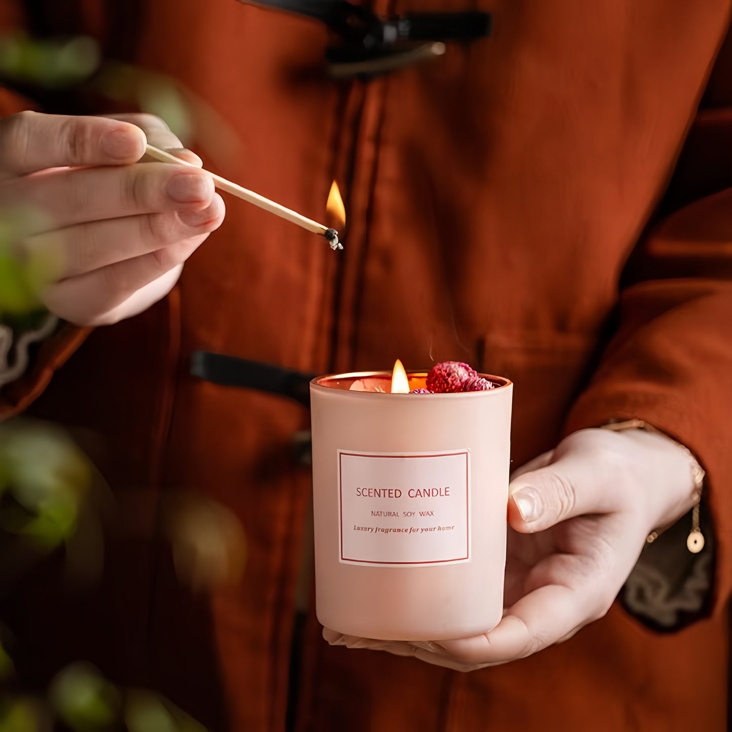 Pink scented candle accompanying gift