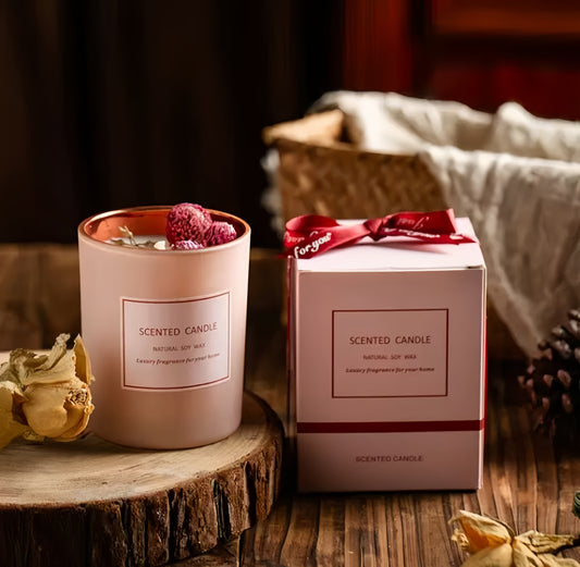 Pink scented candle accompanying gift